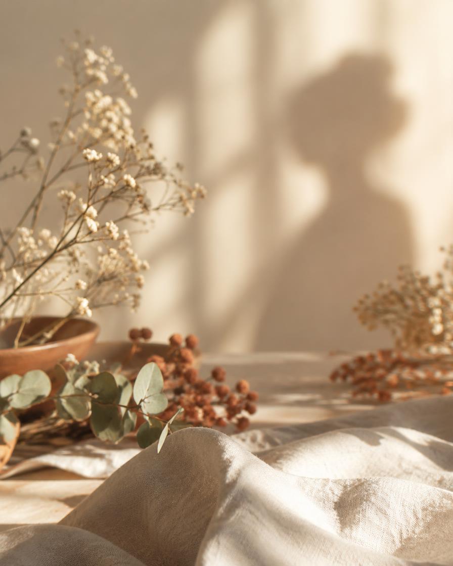 Placeholder for author portrait: warm still life with dried botanicals and linen